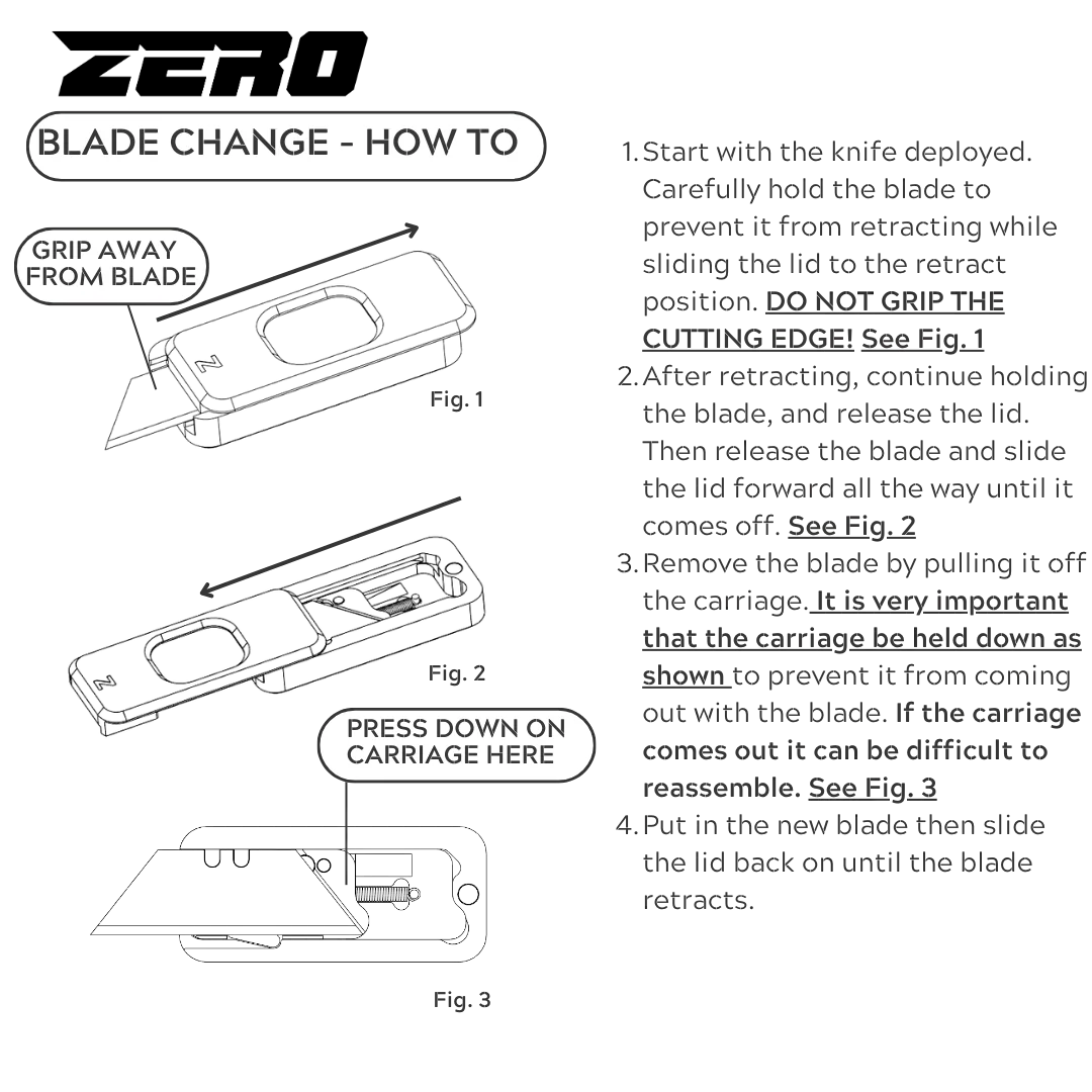 Instructions for changing a blade on a Rivery Zero knife with labelled diagrams